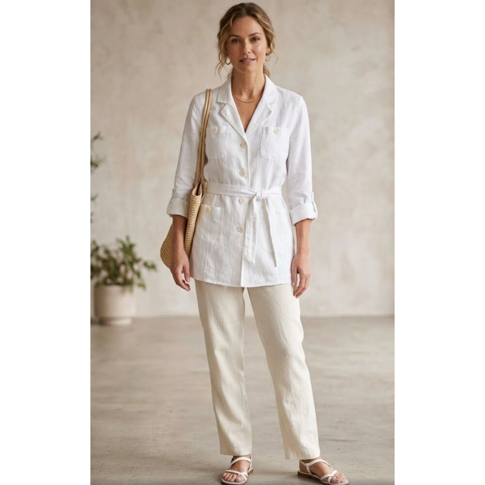 New Jessica Holbrook Linen Blend Button Up Tie Waist Top Women's Size Small